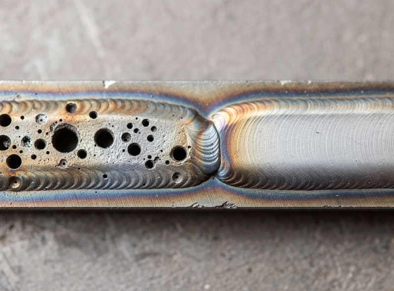 Close-up of a TIG weld bead showing scattered porosity pinholes next to a clean section for comparison