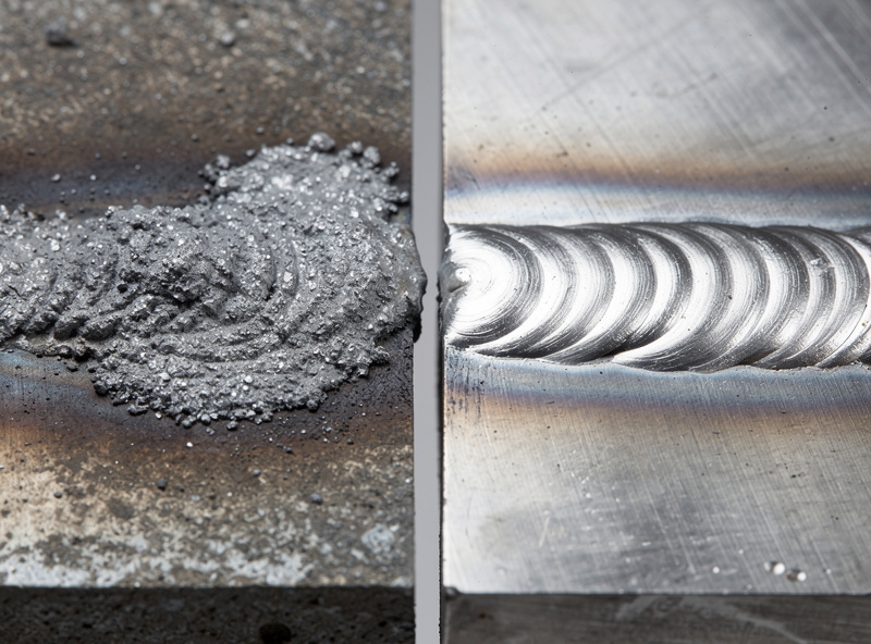 Gray sugared oxidation on the back side of a stainless TIG weld next to a clean backpurged joint