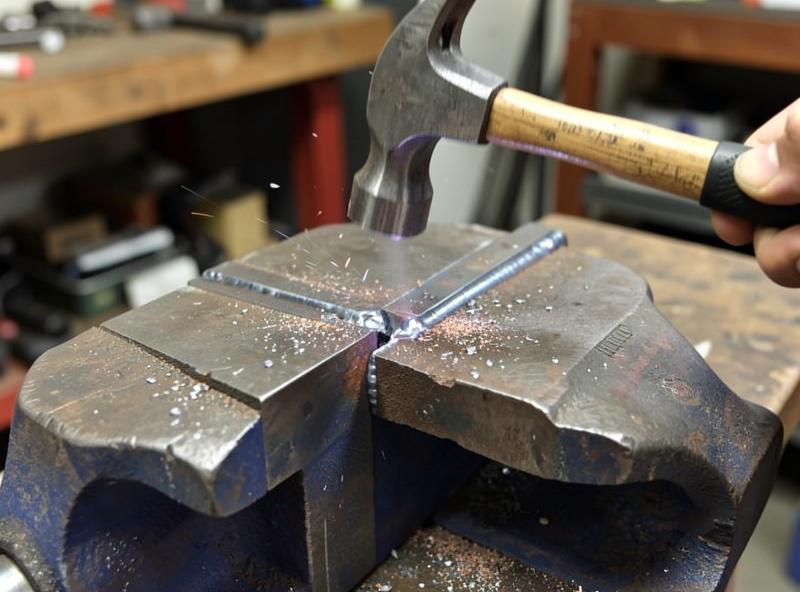 A fillet welded steel T-joint clamped in a vise being broken with a hammer