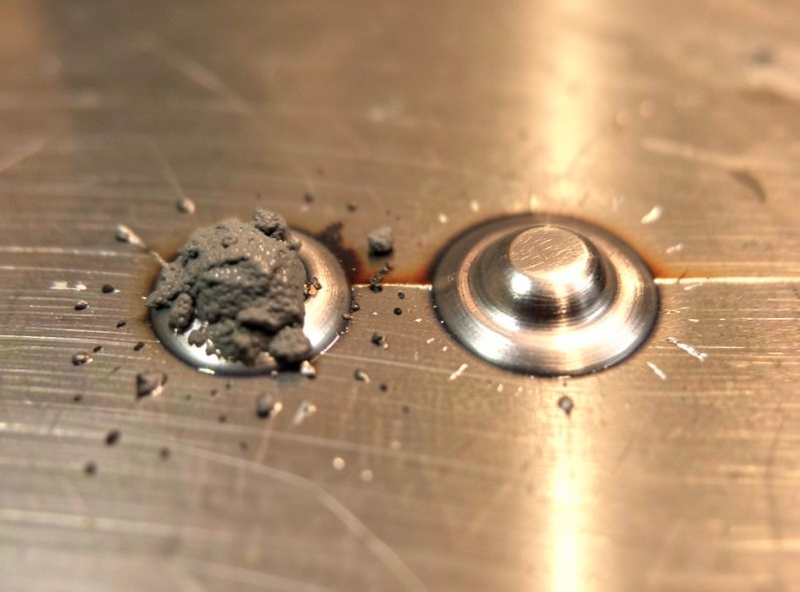 Side-by-side comparison of a flux-core weld bead still covered in slag on the left and a clean gas MIG bead on the right, photographed on a steel plate in a home workshop