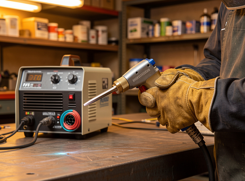 Home welder wearing leather welding gloves holding a MIG welding gun over a steel workbench with a dual-voltage welder visible in the background, home workshop setting