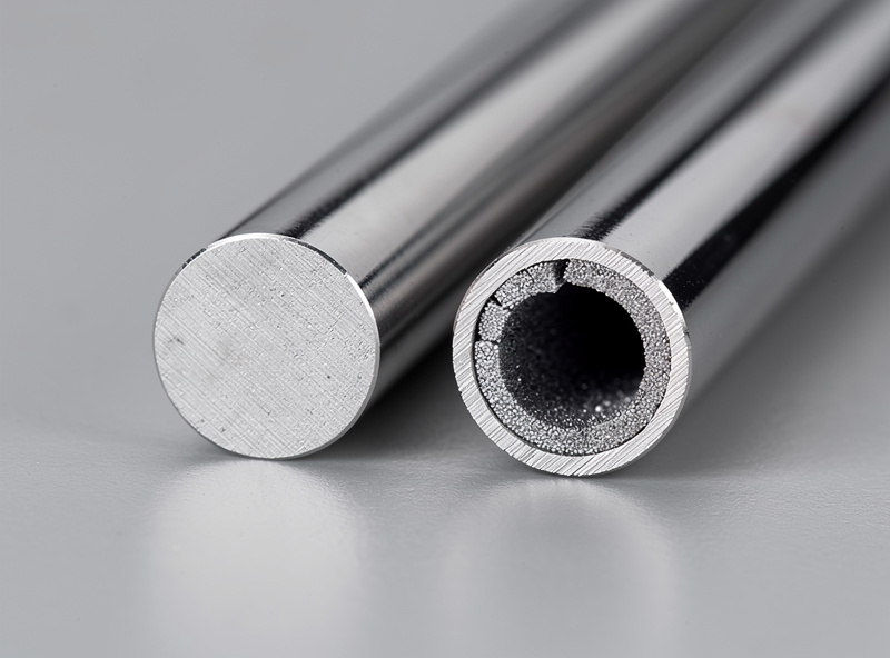 Cutaway comparison of solid MIG wire and tubular flux-core wire showing the flux-filled center
