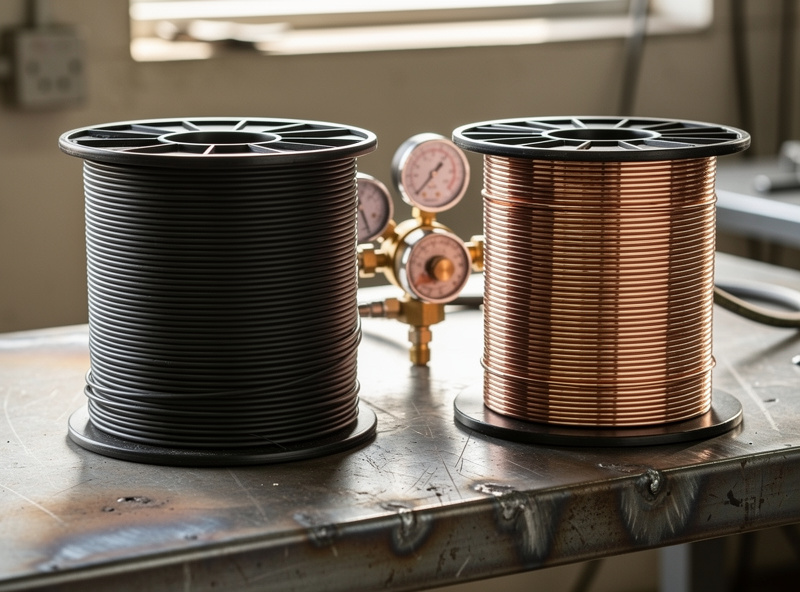Self-shielded flux-core wire spool beside a dual-shield flux-core spool and a gas regulator on a bench