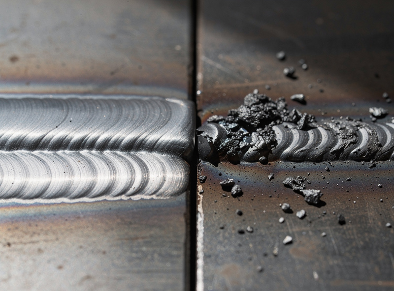 Two finished weld beads on steel side by side, a clean solid-wire bead and a flux-core bead with slag