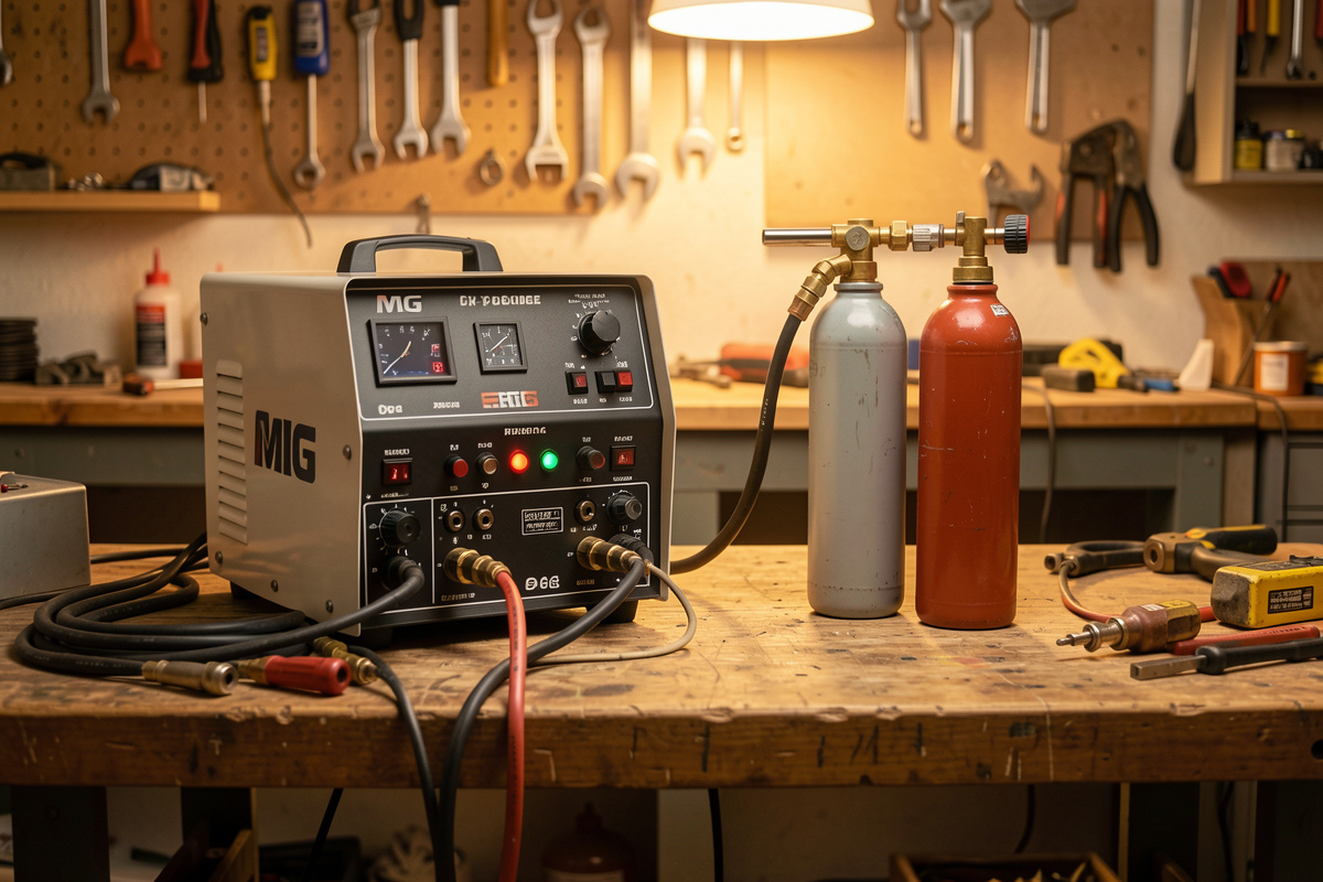 MIG welder and oxy-acetylene torch side by side on a workshop bench