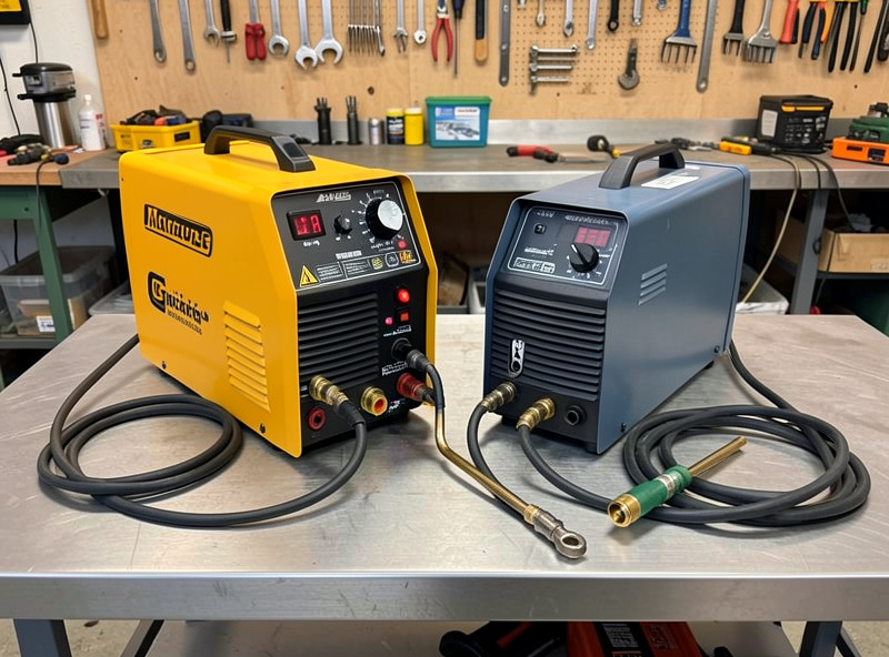MIG welder and an oxy-acetylene torch side by side on a home workshop bench