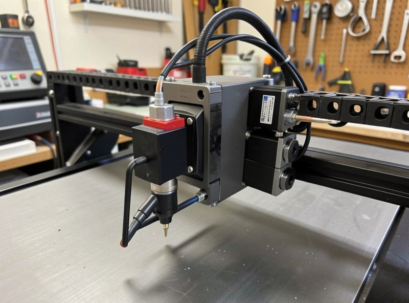Close-up of a CNC plasma table gantry and torch holder with stepper motors and cable carrier