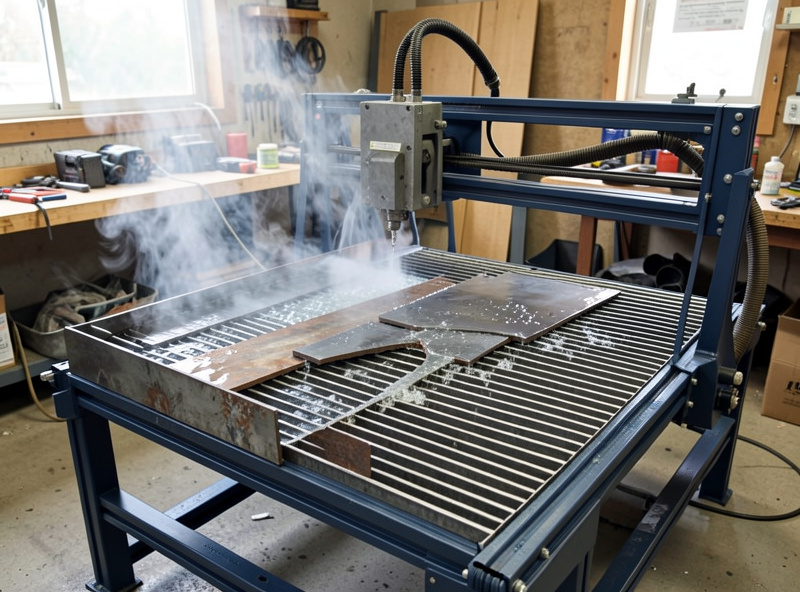 A water table slat bed on a DIY CNC plasma cutter with freshly cut steel parts resting on it