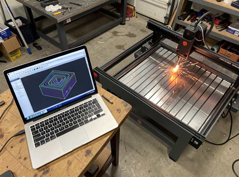 A laptop running CAM software showing a nested steel part cut path next to a CNC plasma table