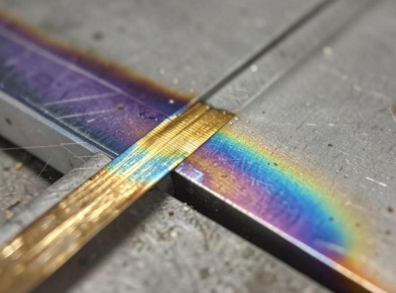 TIG weld on stainless steel showing a rainbow of heat-tint colors from straw to blue and purple