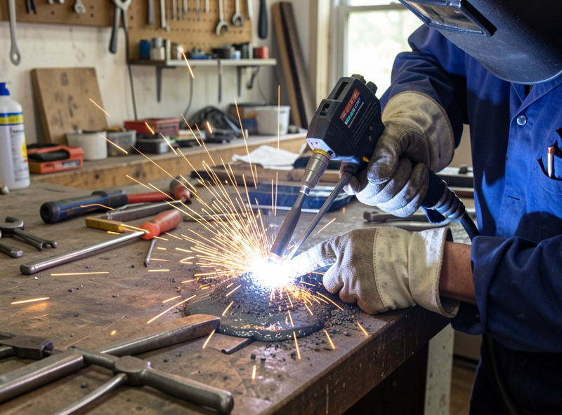 Welder backfilling the crater at the end of a weld with a MIG gun to prevent cracking