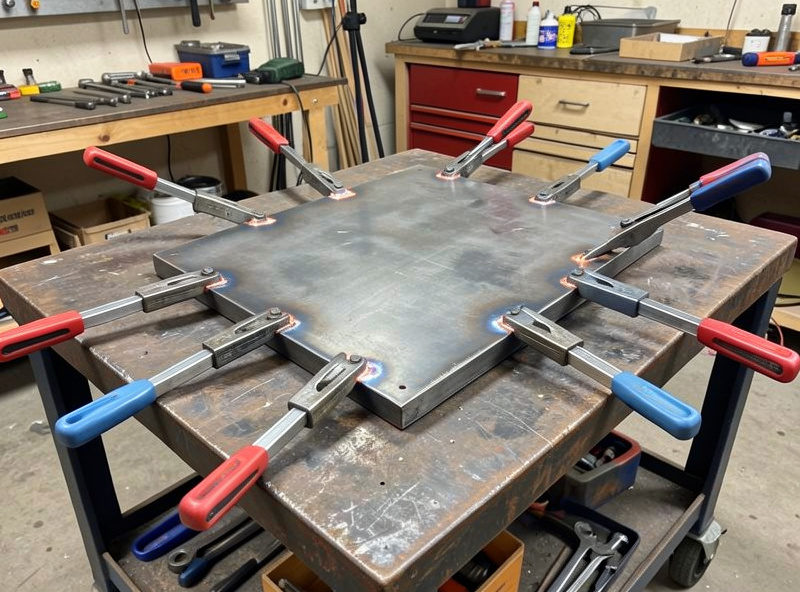 Steel weldment clamped flat to a welding table with sliding-arm clamps before welding