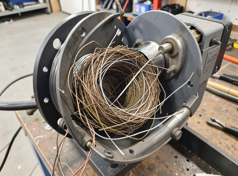 Tangled birdnest of MIG wire jammed at the drive rolls inside an open wire feeder