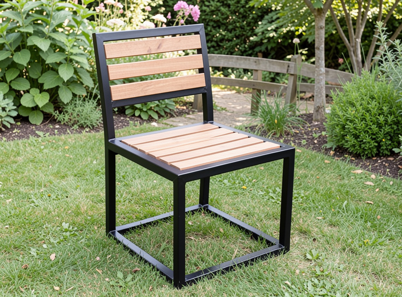 Welded steel tube outdoor chair frame with wood slats in a garden setting
