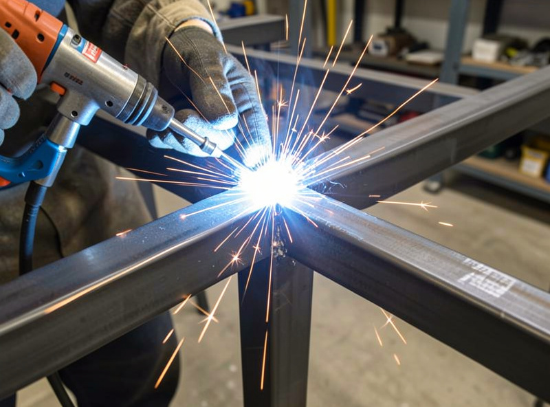 MIG welding a corner joint on a square steel tube outdoor furniture frame on a welding table
