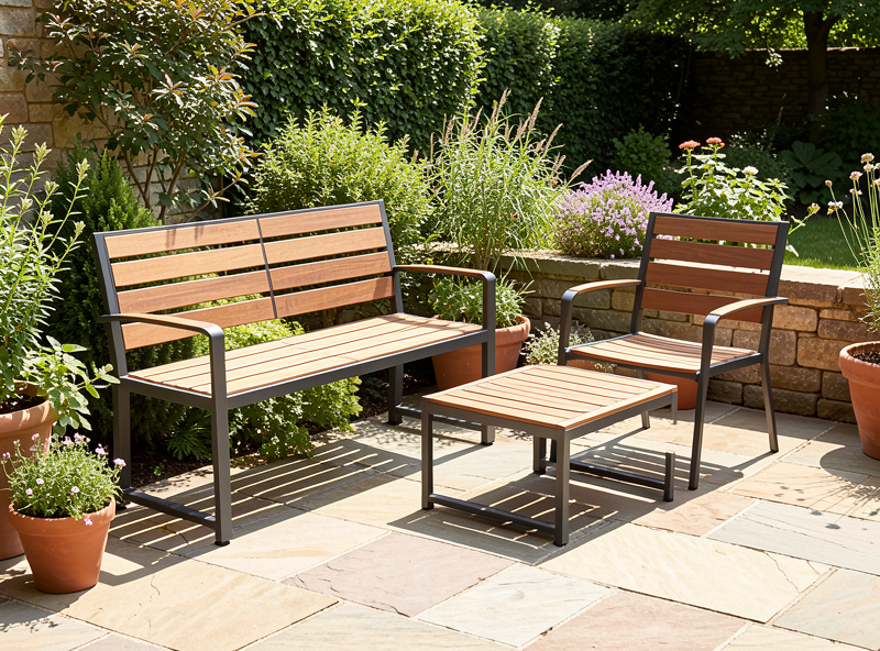 Finished welded steel and wood outdoor bench and chair set on a patio