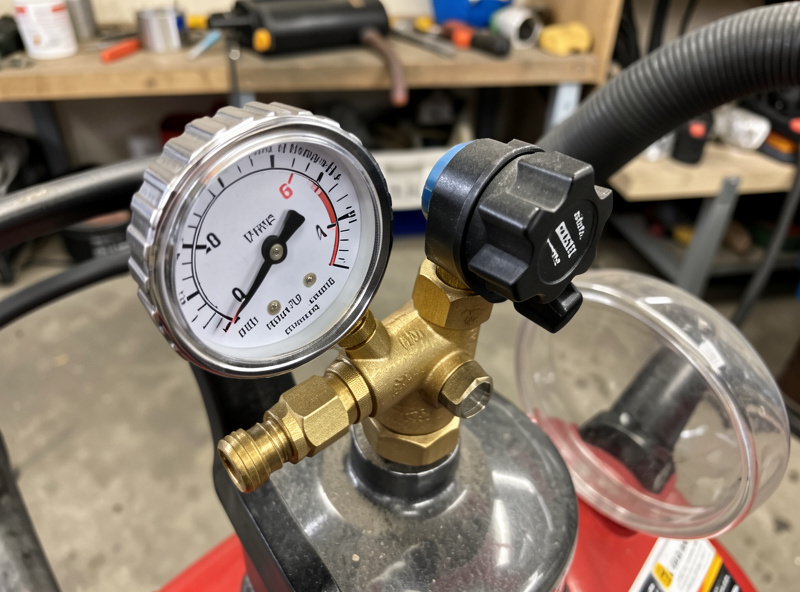 An air pressure regulator and gauge set on a plasma cutter inlet with the water separator bowl visible