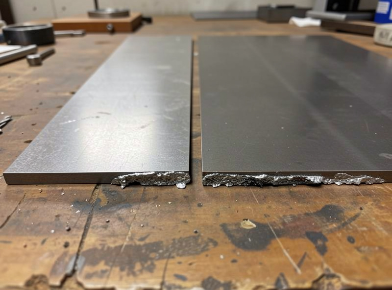 Two plasma cut edges on quarter-inch steel compared, one clean and square, one with dross from worn consumables