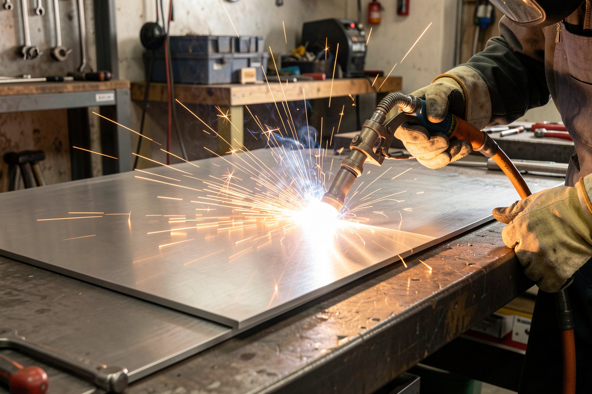Plasma cutting stainless steel sheet on a workbench with a clean cut edge and minimal discoloration