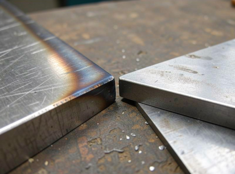 A plasma-cut stainless steel edge with slight discoloration next to a cut mild steel edge for comparison
