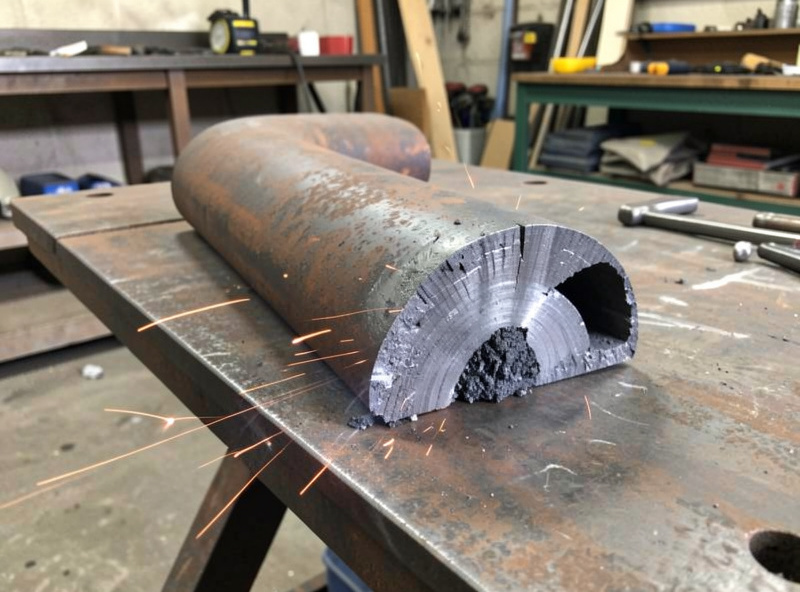 A cast iron pipe section being plasma cut, showing the rough graphite-laden cut edge