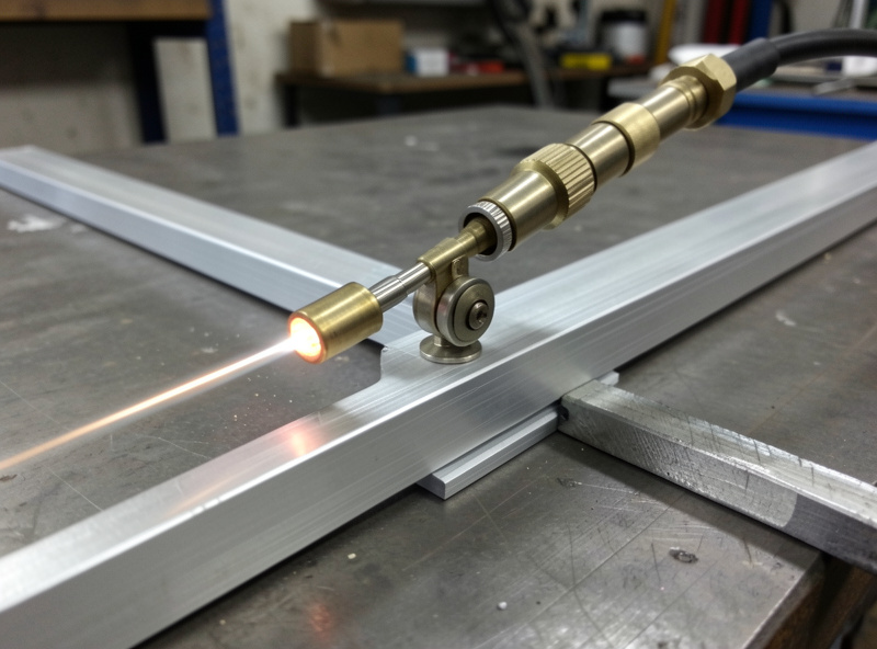 A plasma torch fitted with a roller standoff guide tracking along a clamped angle iron straightedge