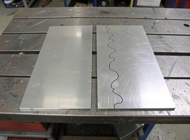 A straight guided plasma cut next to a wavy freehand cut on quarter-inch steel, showing the difference a guide makes