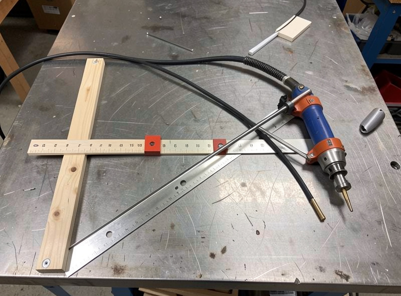 A shop-made magnetic straightedge and circle guide bar laid out beside a plasma torch on a steel table