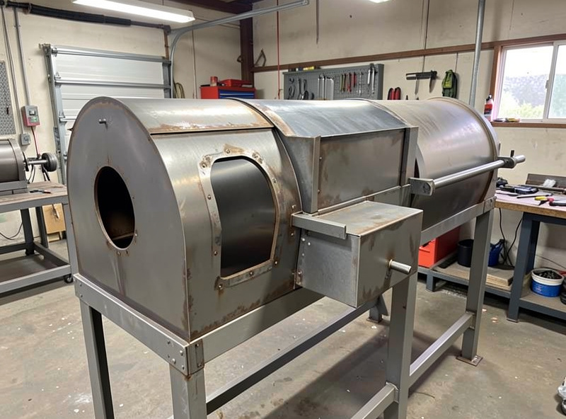 Home-welded offset BBQ smoker with cook chamber and firebox during fabrication in a shop