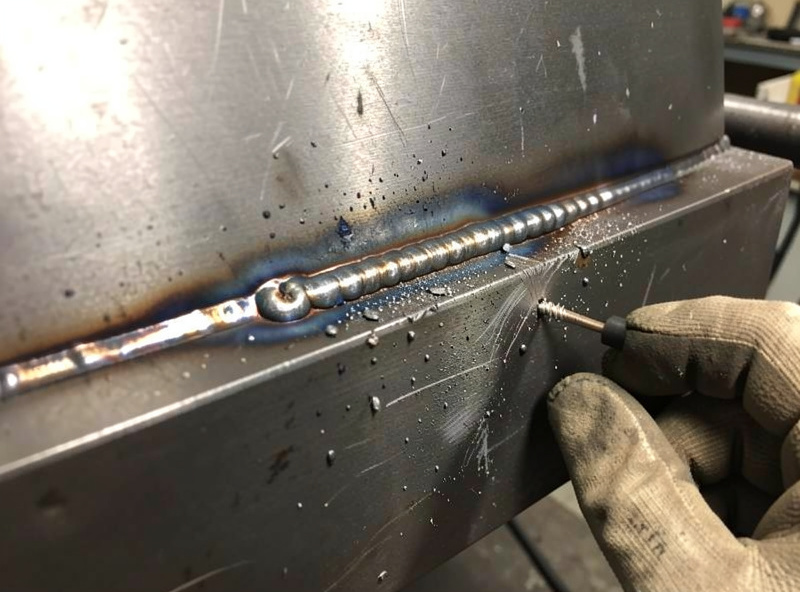 Multi-pass MIG weld bead on a thick steel smoker firebox seam being inspected