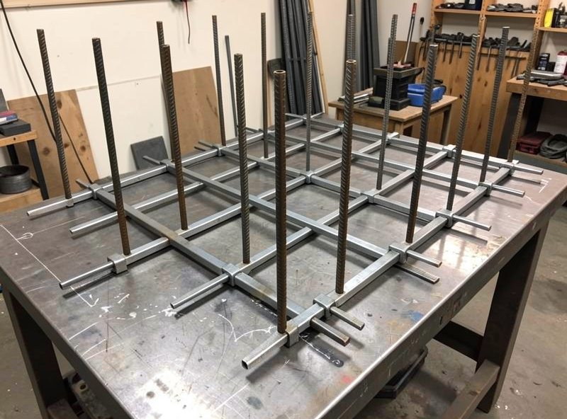 Welded garden trellis grid of rebar uprights and flat bar cross members laid out on a workbench