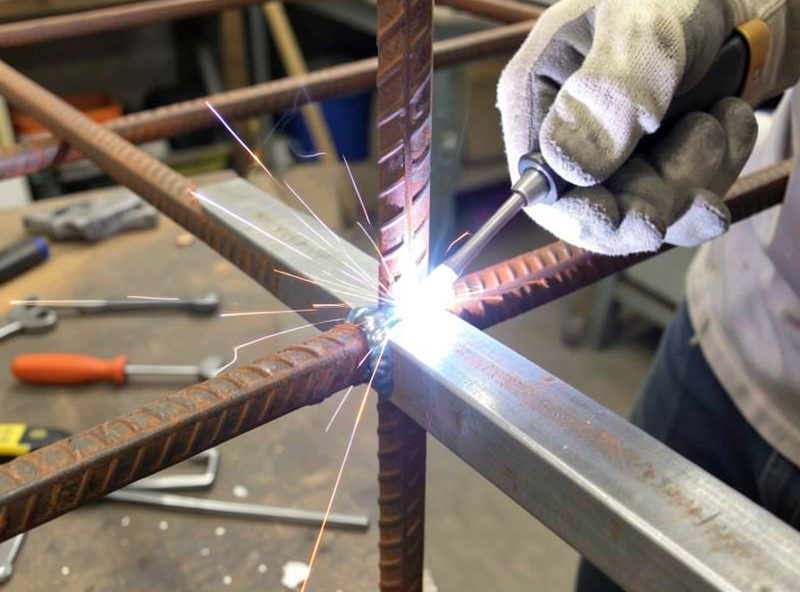MIG welding a rebar upright to a flat bar cross member at a trellis joint