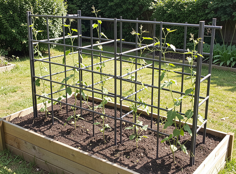 Finished welded rebar and flat bar garden trellis installed in a raised bed with climbing plants