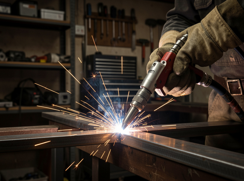 Gloved hand holding a MIG gun at a work angle over a steel fillet joint showing travel direction