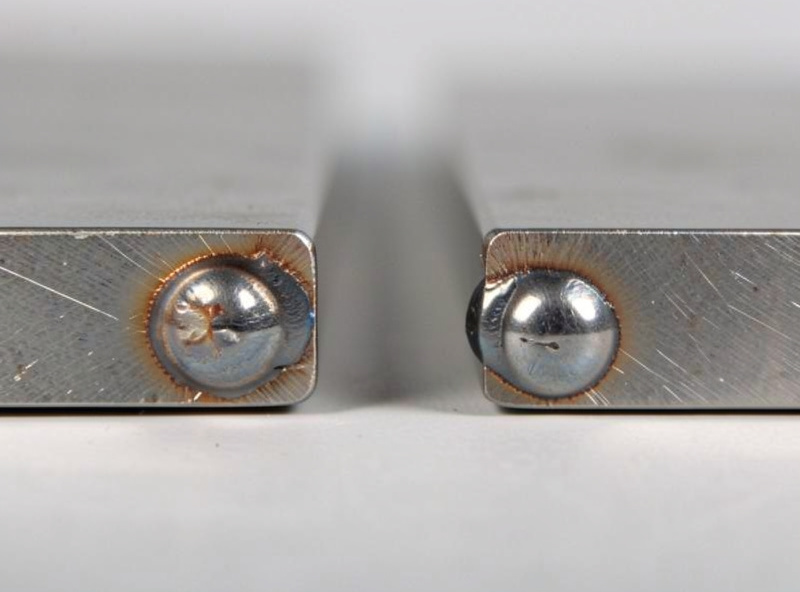 Cross-section comparison of a sound convex weld bead next to an undercut bead on steel plate