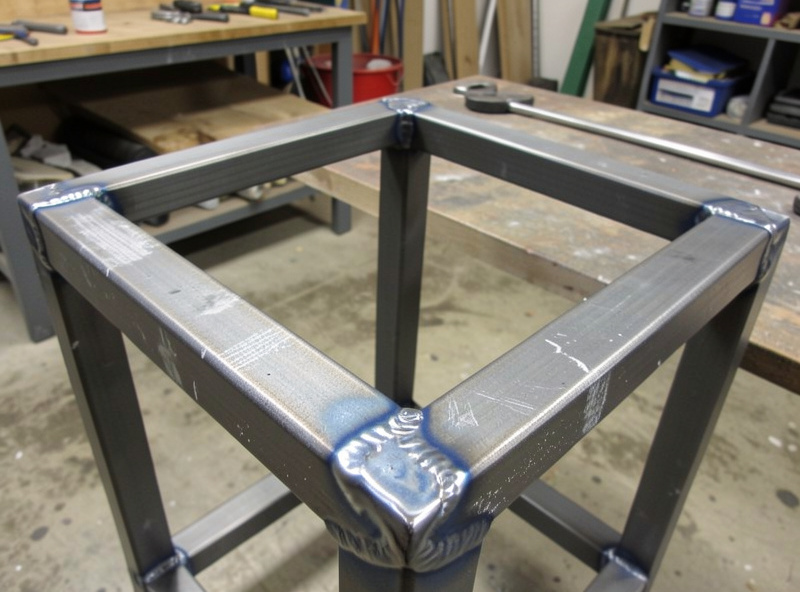 Welded 2x2 steel box tubing workbench frame tacked square on the shop floor