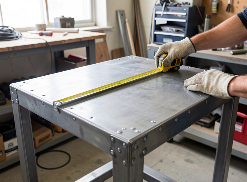 Checking diagonal measurements for square on a tacked steel workbench frame before final welding