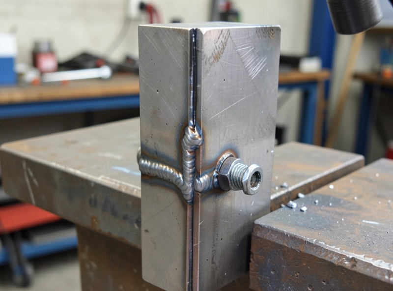 A welding qualification test coupon clamped vertically for a 3G position weld