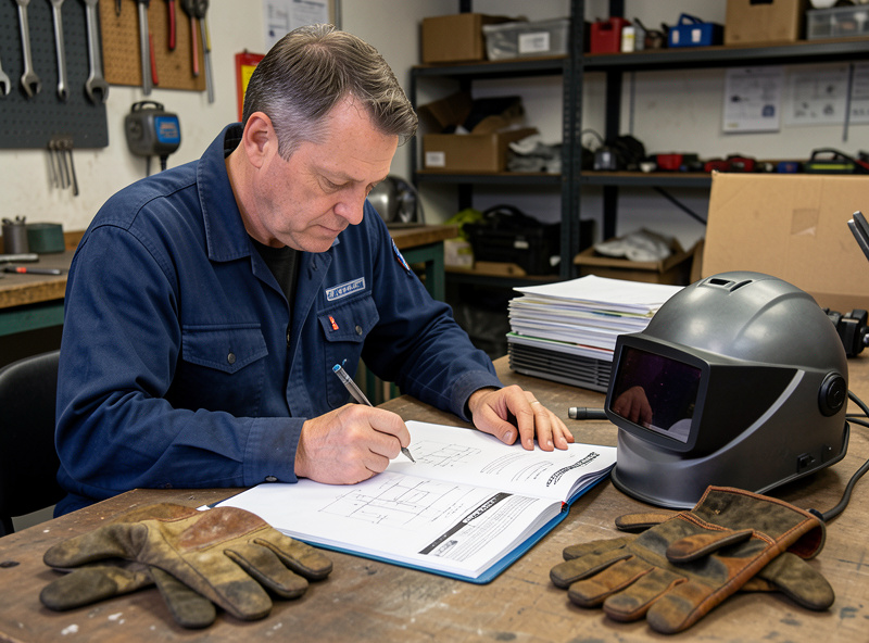 A welder studying technical drawings and a procedure binder at a workshop desk
