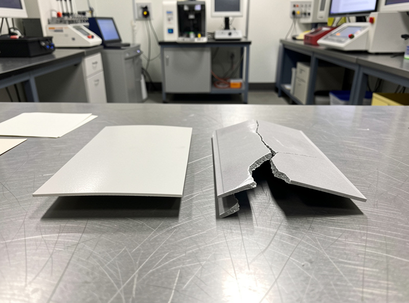 Passed and failed welding bend test coupons side by side on a steel table