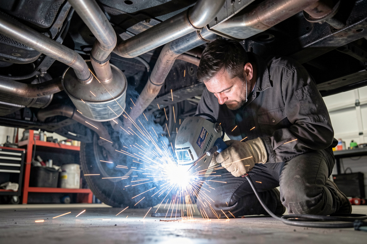 MIG welding a car exhaust pipe under a vehicle with low-heat tacks