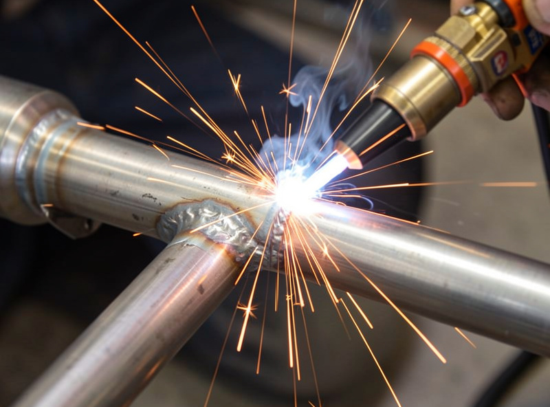 MIG welding an automotive exhaust pipe joint with low heat tack welds