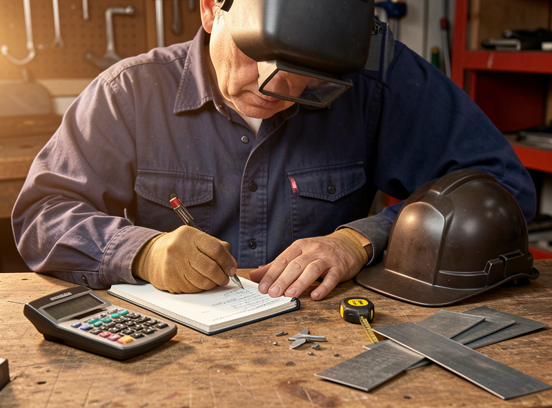 Welder writing a job estimate in a notebook with a calculator and tape measure