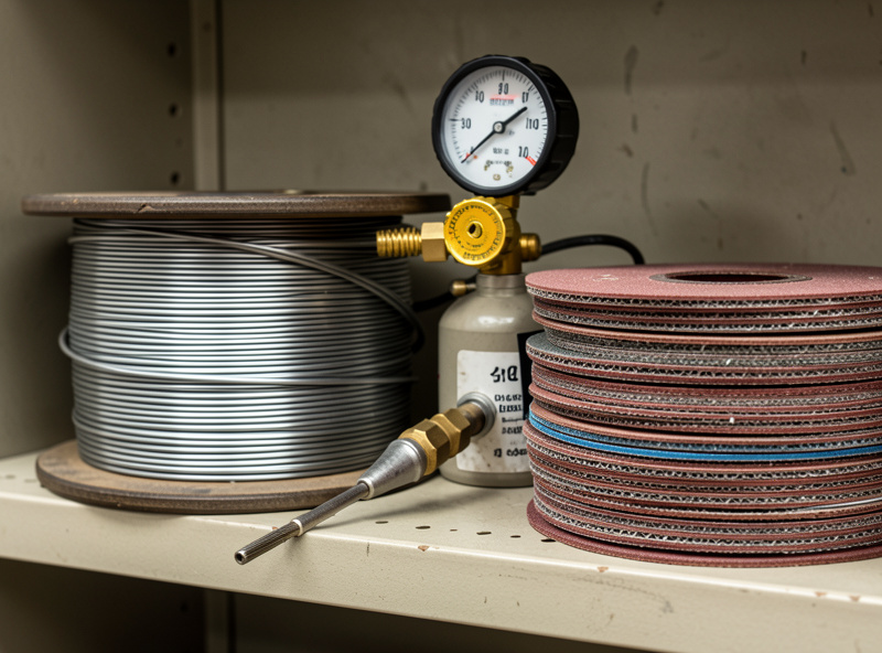 MIG wire spools, gas regulator gauge and grinding discs representing consumable costs