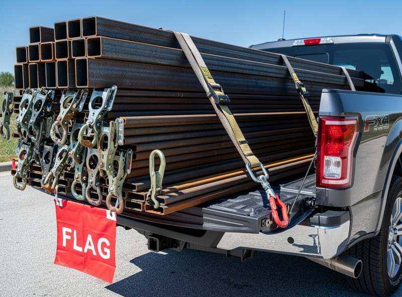 Long steel tubing and angle iron strapped flat to a utility trailer with ratchet straps and a red flag on the rear overhang