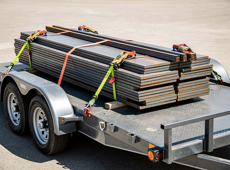 Steel plate and long bar stock loaded low and flat on a flatbed utility trailer secured with multiple ratchet straps at several points