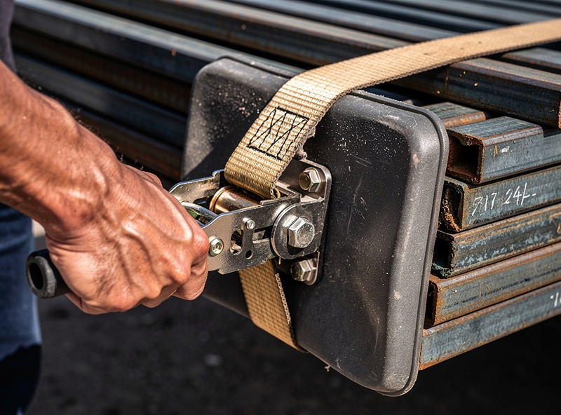Close-up of a ratchet strap cinching a bundle of steel bar to a truck bed anchor point with an edge protector on the sharp corner