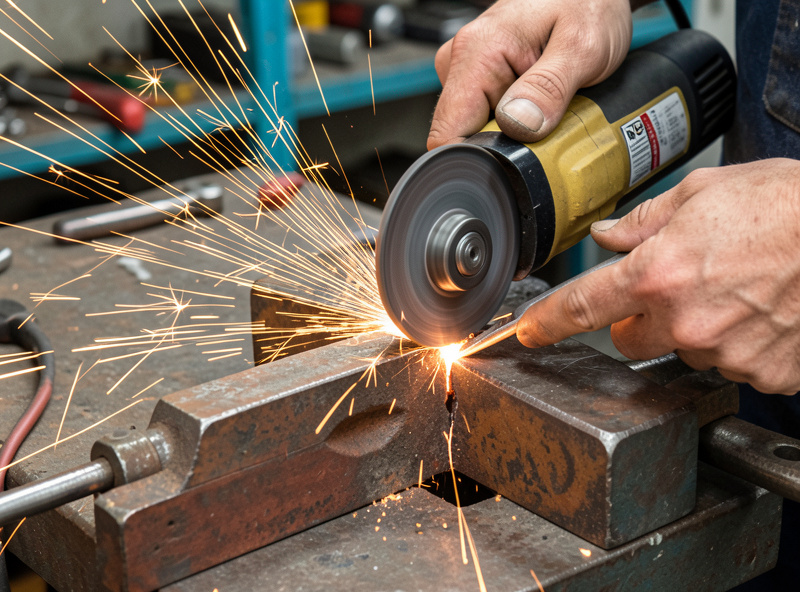 Angle grinder cutting a V-groove along a crack in a cast iron part on a welding bench