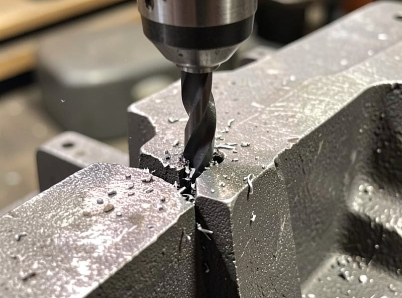Drill boring a small stop-hole at the end of a crack in a gray cast iron casting