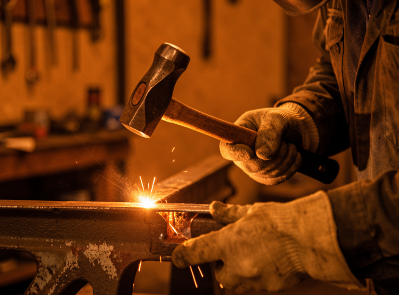 Welder peening a fresh warm weld bead on cast iron with a ball-peen hammer